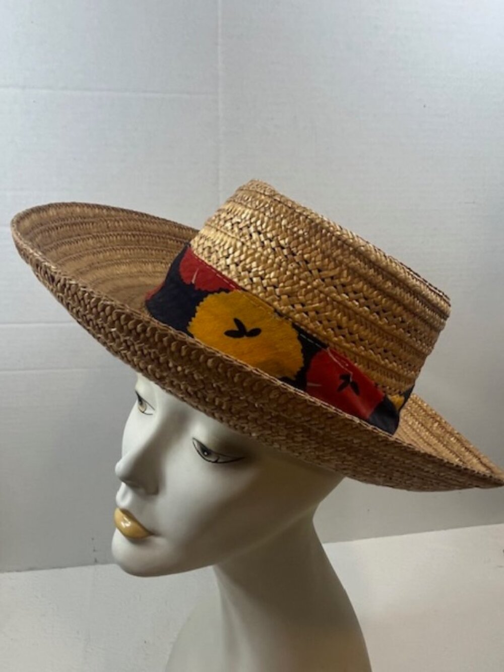 "The Gaucho" Sun Straw Natural Woven Hat Floral Scarf Band Made in Italy 21"